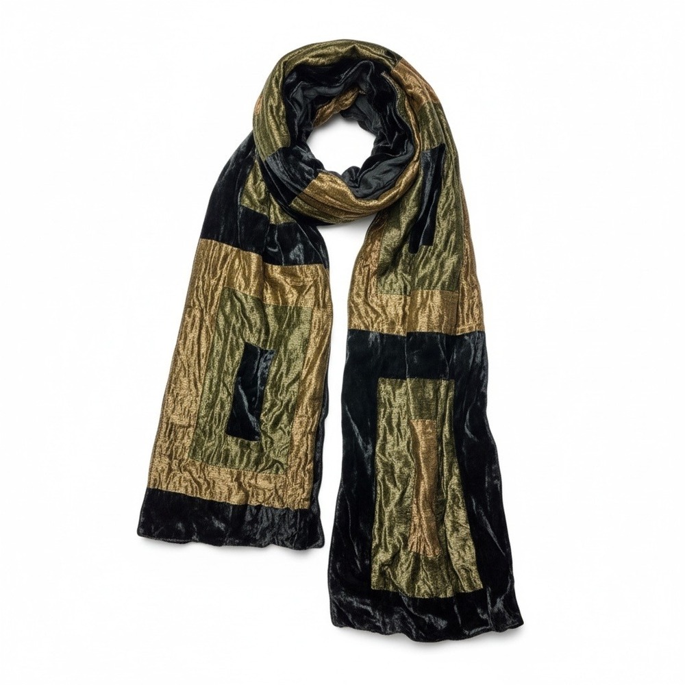 Accessorize Scarf Womens OS Green Gold Velvet Patchwork Boho Whimsigoth Retro